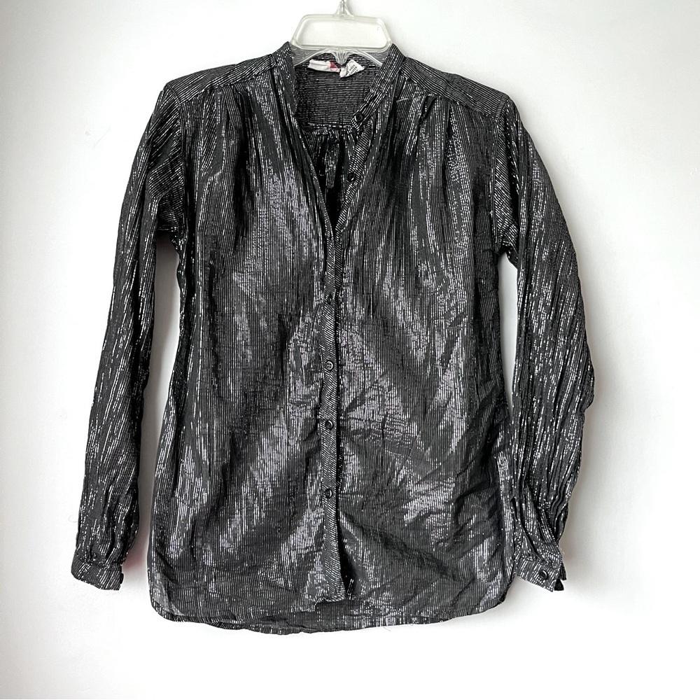 Vintage 80s Hot Shot Black & Metallic Silver Pinstripe Semi Sheer Blouse S